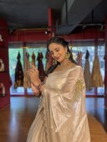 Ivory Embroidered Satin Silk Saree with Scalloped Edging - Image 5