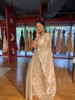 Ivory Embroidered Satin Silk Saree with Scalloped Edging - Image 2