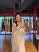 Ivory Embroidered Satin Silk Saree with Scalloped Edging - Image 4