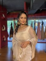 Ivory Embroidered Satin Silk Saree with Scalloped Edging