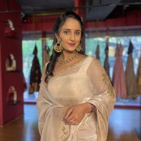 Ivory Embroidered Satin Silk Saree with Scalloped Edging