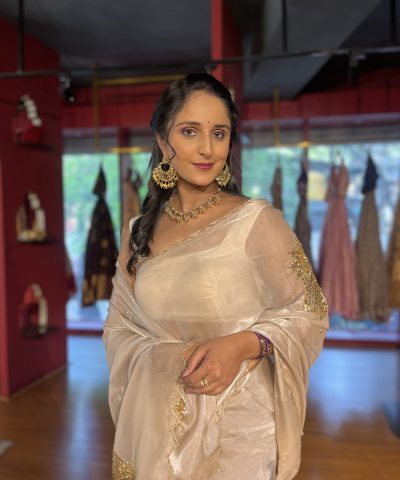 Ivory Embroidered Satin Silk Saree with Scalloped Edging