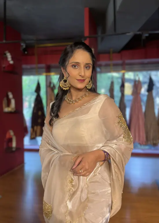 Ivory Embroidered Satin Silk Saree with Scalloped Edging