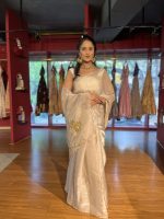 Ivory Embroidered Satin Silk Saree with Scalloped Edging - Image 6