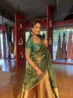 Green Embroidered Tissue Silk Lehenga Set of 3