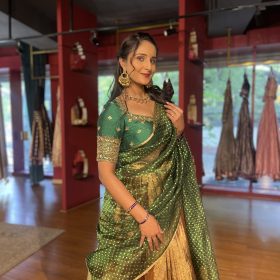 Green Embroidered Tissue Silk Lehenga Set of 3