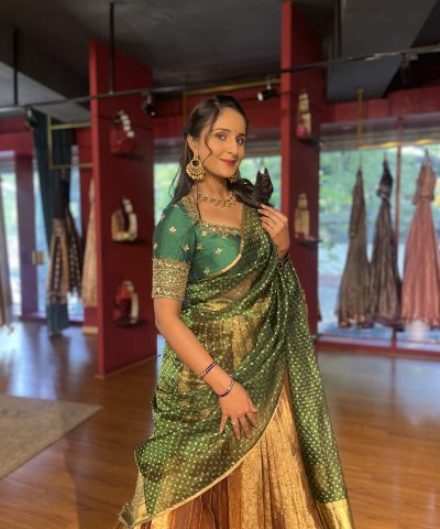 Green Embroidered Tissue Silk Lehenga Set of 3