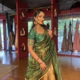 Green Embroidered Tissue Silk Lehenga Set of 3