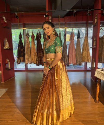 Green Embroidered Tissue Silk Lehenga Set of 2