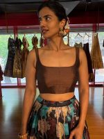 Brown Printed Tussar Silk Lehenga Set of 2 - Image 8