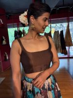 Brown Printed Tussar Silk Lehenga Set of 2 - Image 7