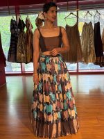 Brown Printed Tussar Silk Lehenga Set of 2