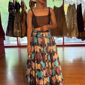 Brown Printed Tussar Silk Lehenga Set of 2