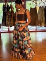 Brown Printed Tussar Silk Lehenga Set of 2 - Image 5