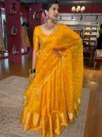 Mustard Yellow Silk Half Saree Set with Tissue Silk Dupatta (Set of 3) - Image 2