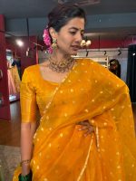 Mustard Yellow Silk Half Saree Set with Tissue Silk Dupatta (Set of 3)