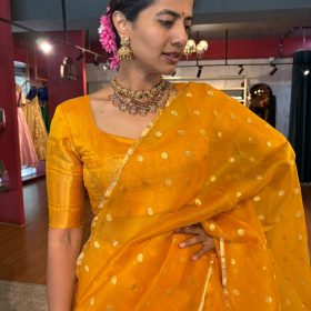 Mustard Yellow Silk Half Saree Set with Tissue Silk Dupatta (Set of 3)