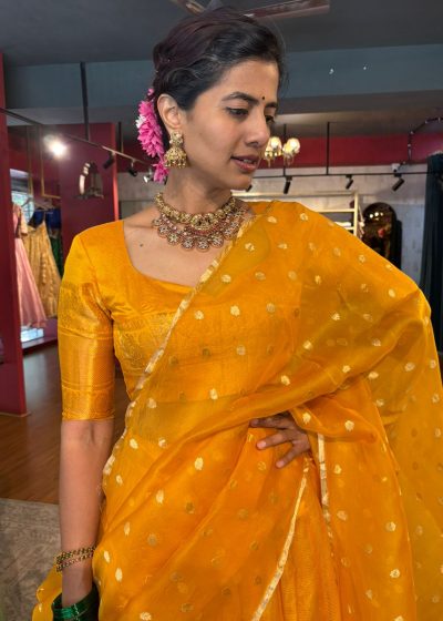 Mustard Yellow Silk Half Saree Set with Tissue Silk Dupatta (Set of 3)