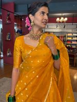 Mustard Yellow Silk Half Saree Set with Tissue Silk Dupatta (Set of 3) - Image 4