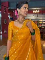 Mustard Yellow Silk Half Saree Set with Tissue Silk Dupatta (Set of 3) - Image 4