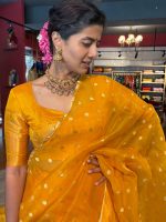 Mustard Yellow Silk Half Saree Set with Tissue Silk Dupatta (Set of 3) - Image 3