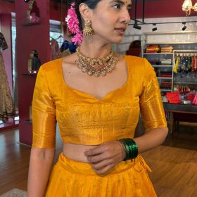 Mustard Yellow Silk Half Saree Set with Tissue Silk Dupatta (Set of 2)