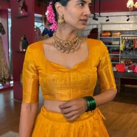 Mustard Yellow Silk Half Saree Set with Tissue Silk Dupatta (Set of 2)