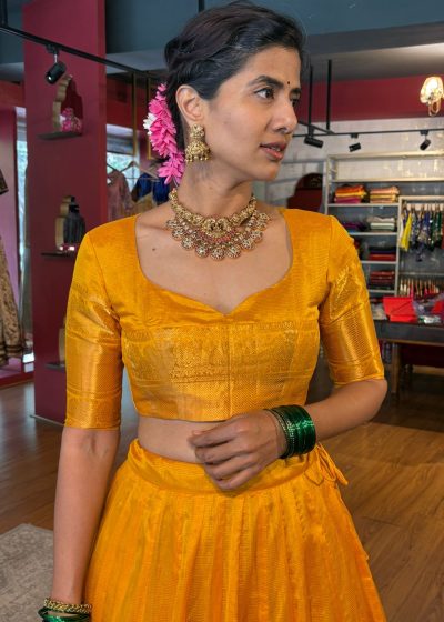 Mustard Yellow Silk Half Saree Set with Tissue Silk Dupatta (Set of 2)