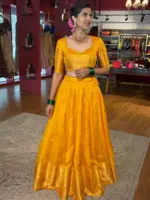 Mustard Yellow Silk Half Saree Set with Tissue Silk Dupatta (Set of 2) - Image 2