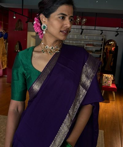Purple Banarasi Chiniya Silk Saree with Zari Border