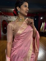 Creamy Pastel Pink Handwoven Banarasi Katan Silk Saree with Kadhwa Motifs - Image 10