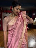 Creamy Pastel Pink Handwoven Banarasi Katan Silk Saree with Kadhwa Motifs - Image 11