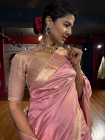 Creamy Pastel Pink Handwoven Banarasi Katan Silk Saree with Kadhwa Motifs - Image 9