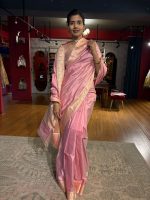 Creamy Pastel Pink Handwoven Banarasi Katan Silk Saree with Kadhwa Motifs - Image 8