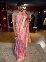 Creamy Pastel Pink Handwoven Banarasi Katan Silk Saree with Kadhwa Motifs - Image 6