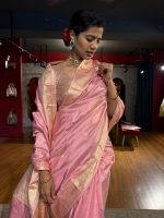 Creamy Pastel Pink Handwoven Banarasi Katan Silk Saree with Kadhwa Motifs - Image 7