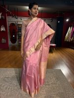 Creamy Pastel Pink Handwoven Banarasi Katan Silk Saree with Kadhwa Motifs - Image 5