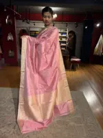 Creamy Pastel Pink Handwoven Banarasi Katan Silk Saree with Kadhwa Motifs - Image 4