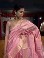 Creamy Pastel Pink Handwoven Banarasi Katan Silk Saree with Kadhwa Motifs - Image 2