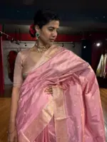 Creamy Pastel Pink Handwoven Banarasi Katan Silk Saree with Kadhwa Motifs - Image 2