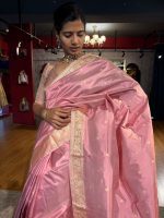 Creamy Pastel Pink Handwoven Banarasi Katan Silk Saree with Kadhwa Motifs - Image 3