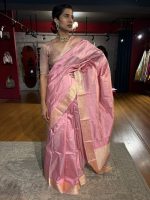 Creamy Pastel Pink Handwoven Banarasi Katan Silk Saree with Kadhwa Motifs