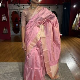 Creamy Pastel Pink Handwoven Banarasi Katan Silk Saree with Kadhwa Motifs