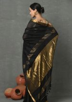 Black Cotton Silk Saree with Gold Zari Weaves - Image 4