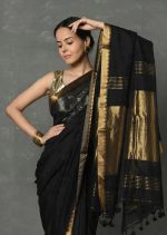 Black Cotton Silk Saree with Gold Zari Weaves - Image 2