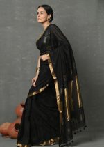 Black Cotton Silk Saree with Gold Zari Weaves - Image 3