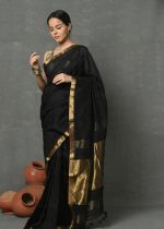 Black Cotton Silk Saree with Gold Zari Weaves
