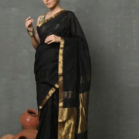 Black Cotton Silk Saree with Gold Zari Weaves