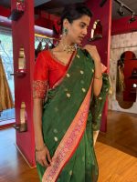 Bottle Green Banarasi Tissue Silk Saree - Image 5