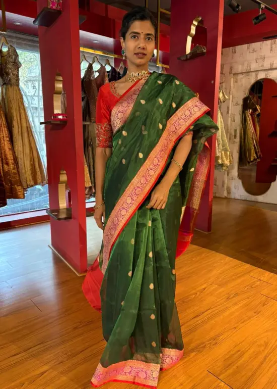 Bottle Green Banarasi Tissue Silk Saree
